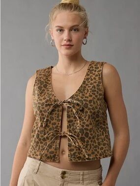 American Eagle Outfitters Leopard Tie-Front Crop Top - Brown